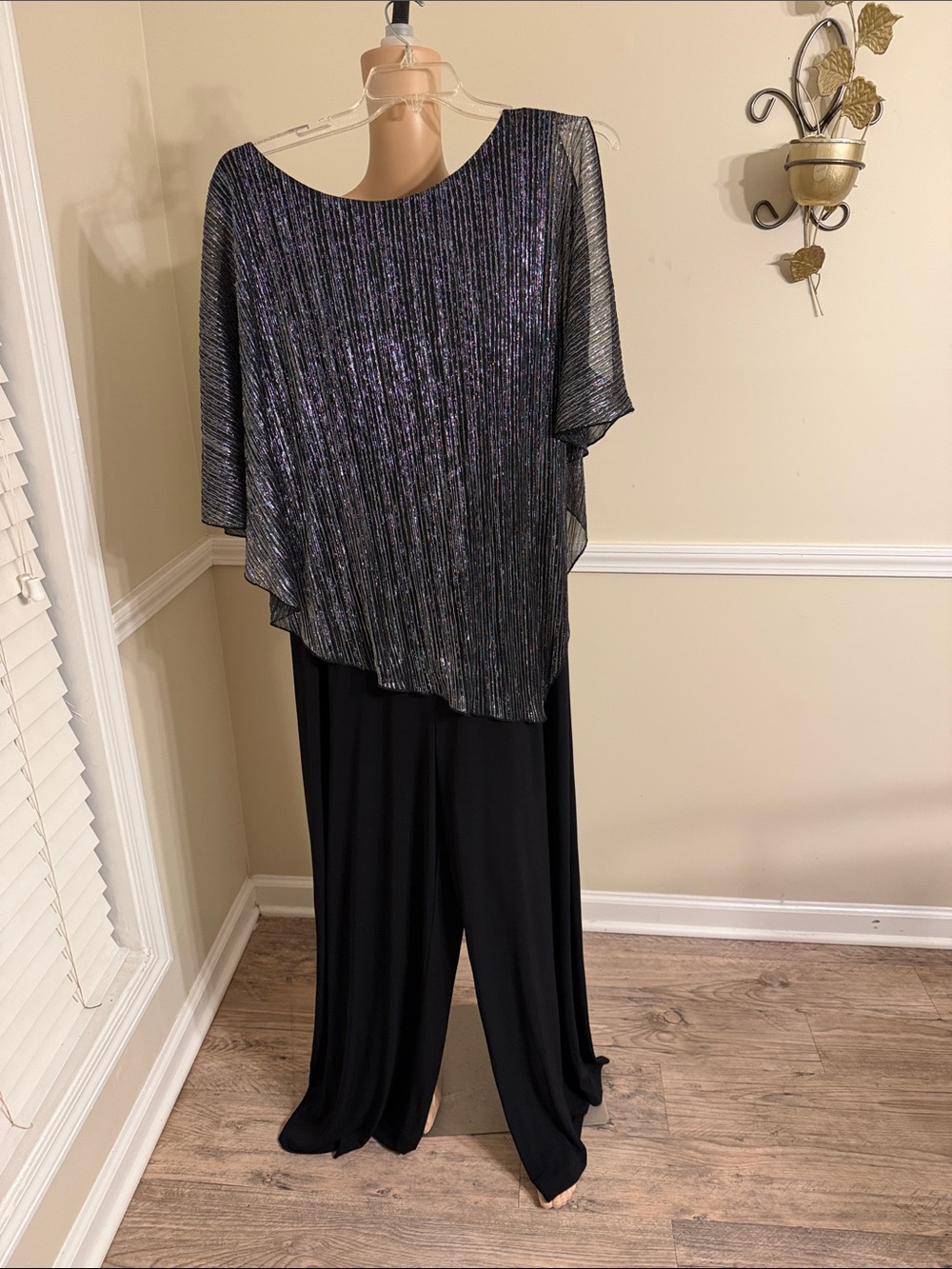 Roz & Ali Black Wide-Leg Jumpsuit with Iridescent Pleated Overlay